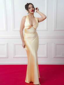 Criza Taa Sexy Minimalist Solid Color Yellow/Cream Deep V-Neck Sleeveless Backless Tie Maxi Dress, Suitable For Party, Cocktail, Formal Occasions, Bridesmaid, Birthday, Christmas, Business Casual Open Back Dresses Yellow Wedding Guest Dress,Dresses For Women Elegant,Valentine's Day,Valentine Outfits For Women - Light Yellow - View 6