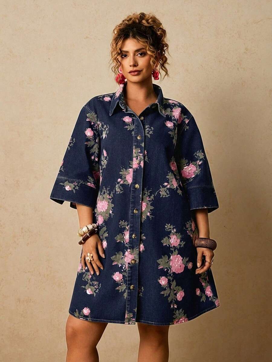 Travachic Plus Size Casual Boho Floral Print Button Front Denim Dress Vacation Dusty Blue Autumn