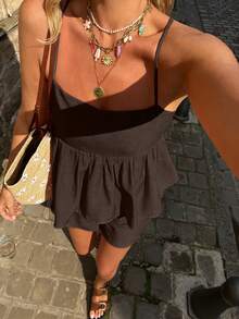 Selianne Standard Size Women's Casual Vacation Camisole Top With Ruffle Hem And Shorts Set, Spring/Summer - Brown - View 1