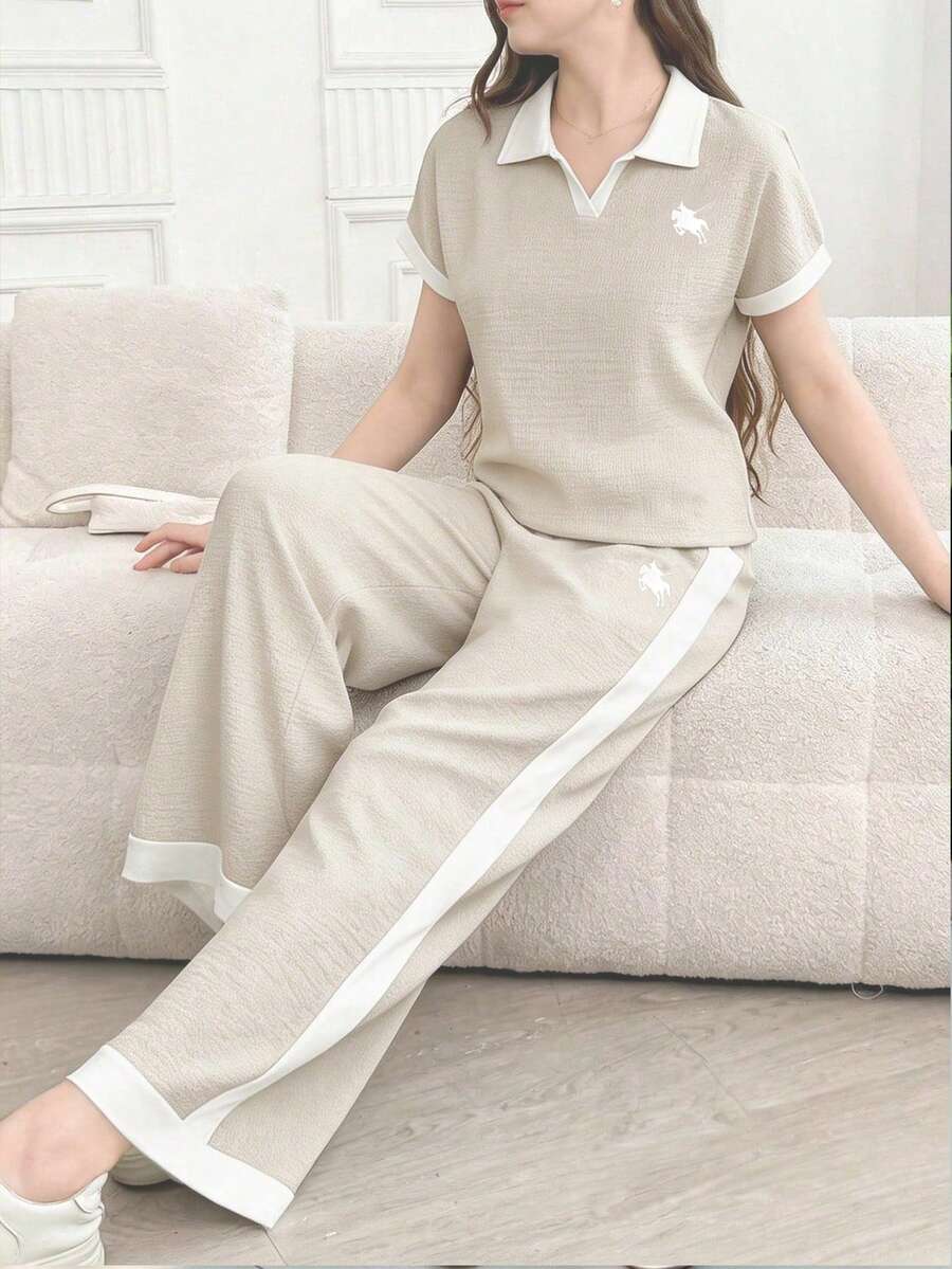 少女休闲百搭日常及假日黑白撞色滚边无袖圆领T恤+阔腿梭织裤套装 - 灰色 - 查看 1