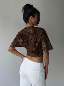 Aloruh Elegant blommig t-shirt med djup V-ringning och åtsittande midja för dam, sommar - Brun - Visa 4