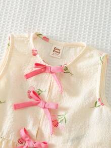 Cozy Pixies Baby Girl Floral Print Contrast Color Bow Decor Sleeveless Top And Elastic Waist Shorts 2Pcs Set - Pink - View 4