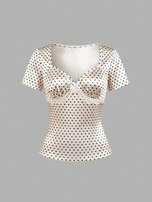 GlowEve Beige,Summer,Elegant,Date,Polka Dot Print Satin Beaded Collar,Front Delicate Butterfly & Lace Trim Waist Fitted Short Sleeve Knit T-Shirt For Women - Multicolor - View 5