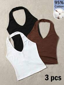 Tseoso Femmes 95% Coton Été 3 pièces Hauts Dos Nu Couleur Unie Noir, Blanc et Marron - Style Élégant Chic de Rue Y2K, Look Mignon Doux Fille et Propre Fille, Parfait pour les Tenues d'Été et de Printemps, Brunch, Tenue de Rue, Soirée, Trajet, Croisière, Voyages à Ibiza, Festivals Occidentaux, Mode Rétro Vintage Genz, Détente à la Maison, Rentrée Scolaire, Sport, Yoga, Vélo, Concerts, Raves et Festivals de Musique - Multicolore - Voir 12