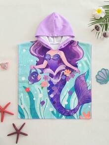 SHEIN Áo khoác đi biển họa tiết nàng tiên cá dễ thương cho bé gái - Màu xanh lam - Xem 3
