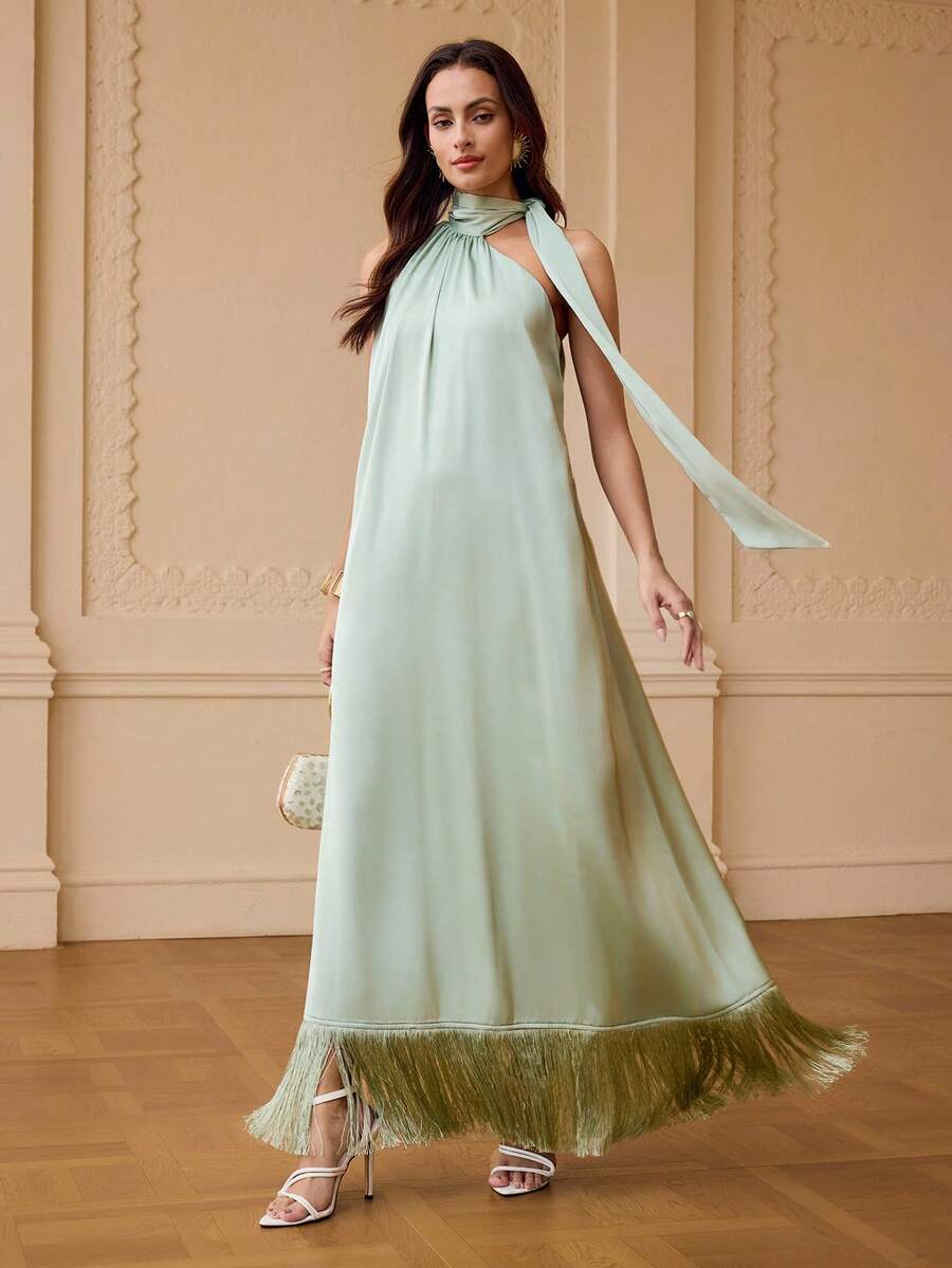 ZEYLAH Women's Solid Color Elegant Fringe Hem Dress - Green - View 1