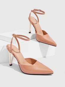 CUCCOO SZL Women Shoes Women's Pointed Stiletto Metal Heel Apricot Back Ankle Strap Temperament Elegant Fashion Sexy Women's High Heels Empty Shoes Suitable For Parties, Parties, Banquets And Other Occasions Women's Shoes - Mirror apricot, electroplated heel - View 4