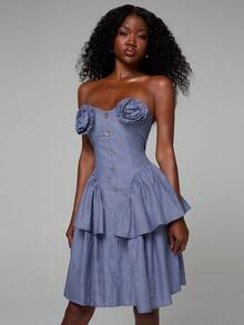 NYA SZN Đầm dáng midi với họa tiết hoa và hàng cúc phía trước. - Màu xanh lam - Xem 7