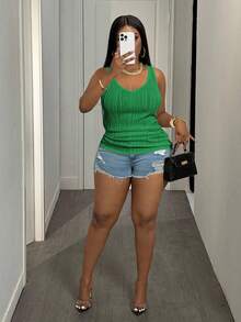 Slaydiva Plus Size Women's Casual Basic V-Neck Ribbed Tank Top, White - Green - View 3