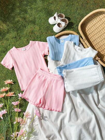 SHEIN Vintaside Kids 6pcs Baby Girl Casual Ribbed Apricot, White, Pink Crew Neck Short Sleeve Top And Elastic Waist Shorts Set, Versatile For Outdoor Play Or Comfortable Spring/Summer