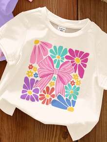 Set de 3 camisetas de manga corta con cuello redondo para niña, con estampados de princesa, flores y lazos, en un estilo suave, lindo y elegante. Adecuado para uso diario, en el hogar, vacaciones y días festivos. Cómodo y casual para primavera y verano. Estampados de princesas de dibujos animados, estilo chic de verano, nuevo estilo, relajado y con vibras de primavera. - Multicolor - View 5