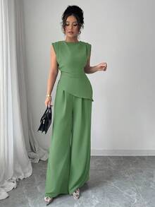 Rafferiza 2pcs/Set Women Solid Color Textured Pleated Round Neck Sleeveless Top - Mint Green - View 7