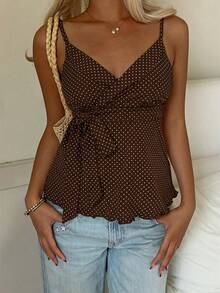 SHEIN CovetEZ Fashionable Chocolate Brown Lace-Up Camisole Top For Women - Chocolate Brown - View 5