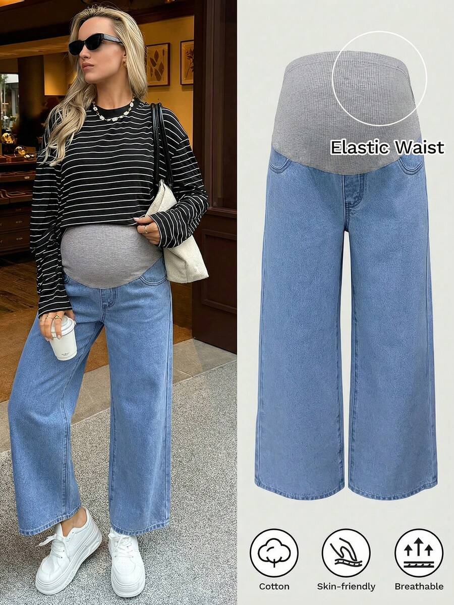 SHEIN 孕妇高腰休闲百搭阔腿牛仔裤，蓝色舒适孕妇深蓝色牛仔裤，弹力高腰宽松阔腿裤，适合孕妇冬季、春季、圣诞节、新年、感恩节、通勤、度假、毕业典礼等场合穿着，时尚Y2K风格，可爱街头风，性感派对婚礼优雅商务休闲女装，高腰阔腿裤，通勤百搭，优雅简约 - 淺色水洗藍 - 查看 1