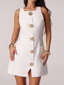 SHEIN Forever 21 Summer New Square Collar Sleeveless Metal Buckle White Commuter Mini Dress For Women - White - View 3