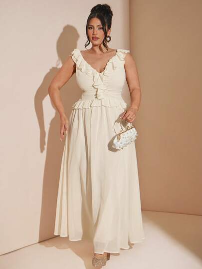 SHEIN BAE Đầm xếp ly màu be dành cho nữ cỡ lớn