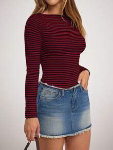 SHEIN Forever 21 Áo thun dài tay in họa tiết sọc thường ngày dành cho nữ - Đỏ - Xem 6