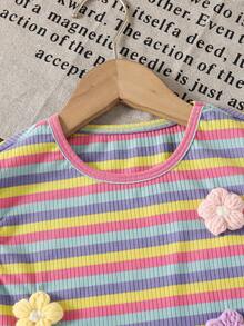 SHEIN Elladie kids 2件套女童条纹提花针织宽松背心短裤套装，适合休闲、度假、运动、夏季穿着 - 紫色 - 查看 9