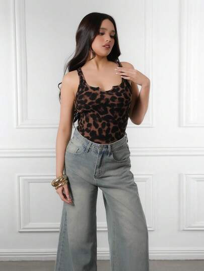Criza Taa Women's All-Season Festival Casual Chic Streetwear Vintage Y2K Leopard Notched Stretchy Top
