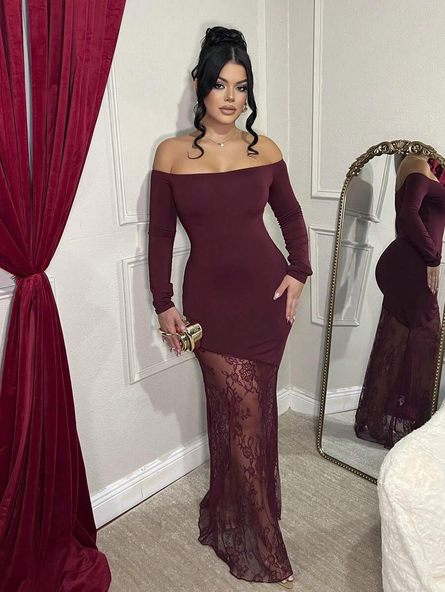 Dayanna Comas Women's Elegant Romantic Date Sexy Party Black Off Shoulder Long Sleeve Lace Waist Tight Asymmetrical Hem Lace Patchwork Maxi Dress, Autumn,Party Dresses For Women,Christmas Party Dress,Red Dresses For Women,Christmas Dresses For Women - Burgundy - View 1