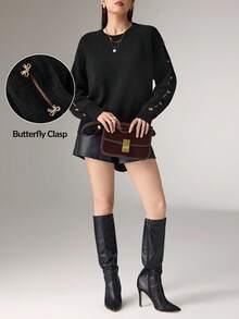 Women's Round Neck Raglan Sleeve Fashion Sweater With Metal Bow Decor, Autumn/Winter,Black Top Black Knit Sweater Women Sweaters Gold Bow Sweater - Black - View 2