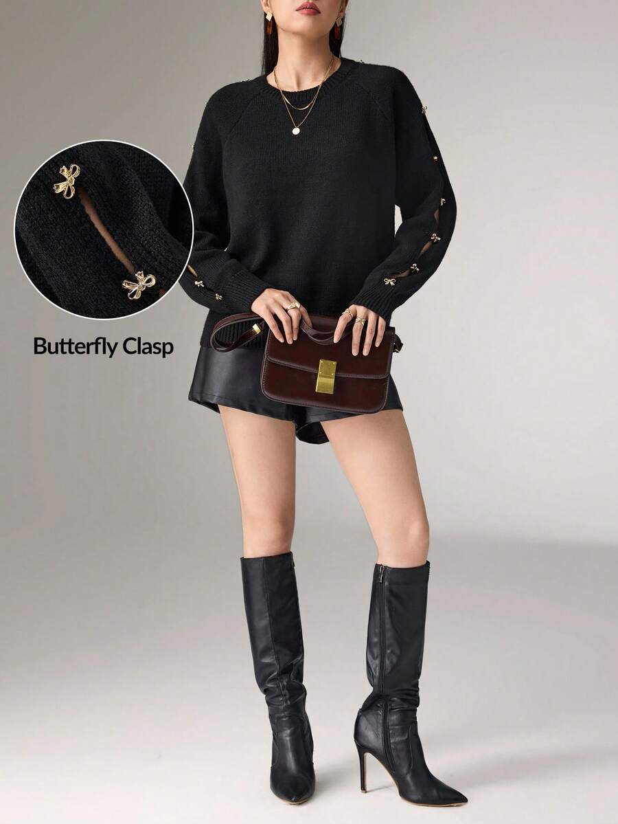 Women's Round Neck Raglan Sleeve Fashion Sweater With Metal Bow Decor, Autumn/Winter,Black Top Black Knit Sweater Women Sweaters Gold Bow Sweater