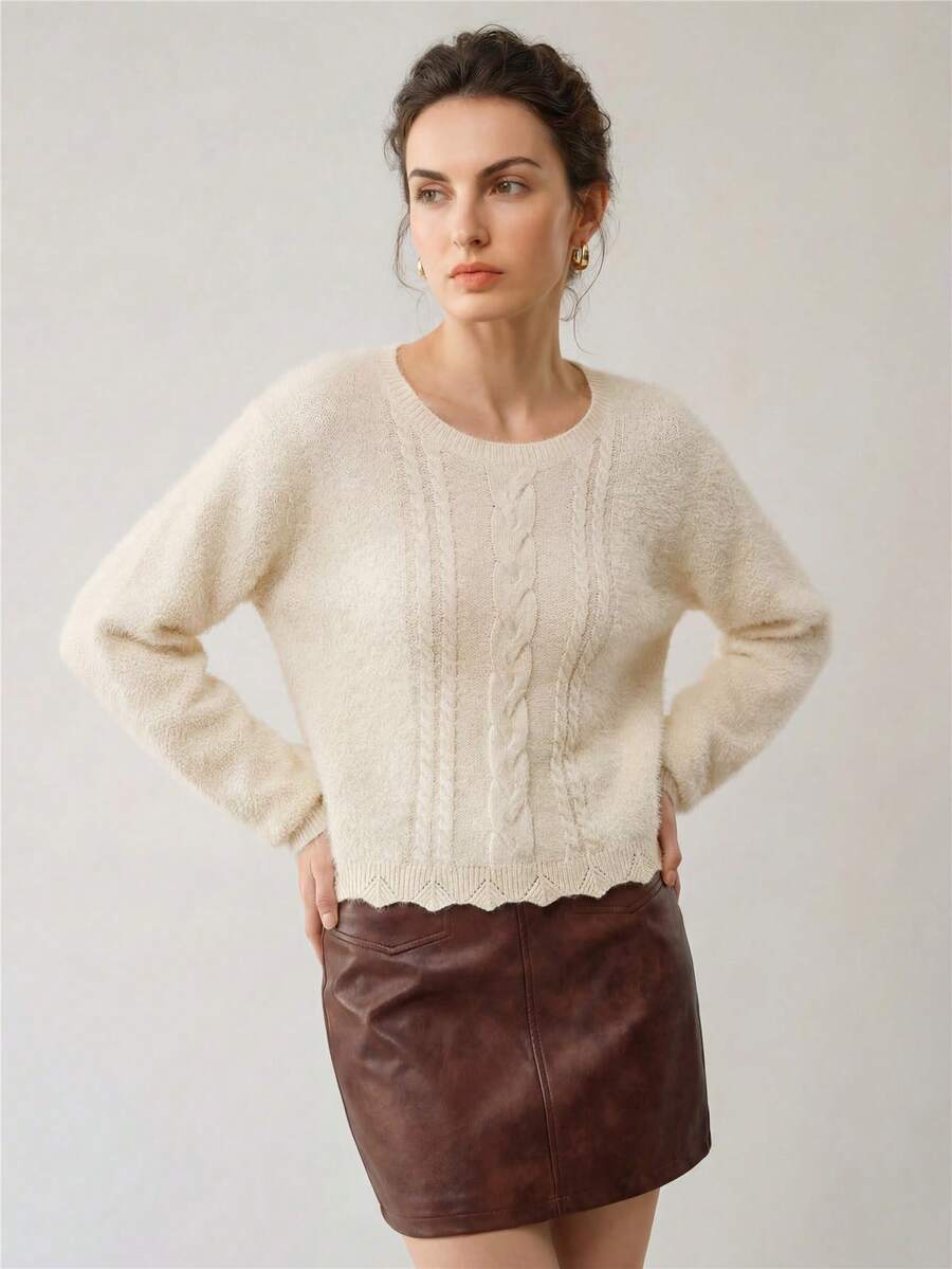 Uhlyne 复古法式时尚百搭休闲宽松杏色圆领仿皮草纹理扭绳针织毛衣，适合秋冬季、返校、派对、大地色系女士 - 杏色 - 查看 1