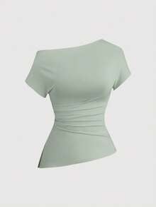 Sweetra 3pcs Women's Casual Everyday Commute Solid Color Asymmetrical Neck Ruffle Fitted T-Shirts, Summer - Multicolor - View 3