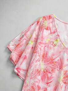 SHEIN Clasi 女士V领印花荷叶袖开衩下摆衬衫 - 粉色 - 查看 9