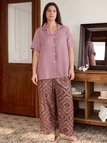 Doze Lane Geometric Totem Print Plus Size Casual Pajama Set - Multicolor - View 4
