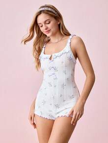 Bonmuse Romantic-Flora Semi-Sheer Floral Short Romper In Jacquard With Ruffled Trim And Charming Bow Accents  Cozy And Elegant Detailsfor Summer - White - View 7