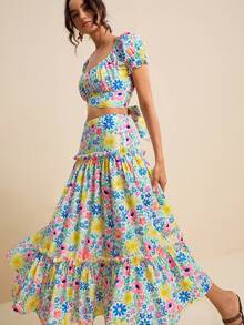 LOTSLUV Set di gonna a 2 pezzi da donna, top corto con spalle scoperte, maniche a sbuffo arricciato ed elastico, con retro annodato, gonna midi a vita alta a-line con balza, outfit da vacanza e festa, set da 2 pezzi per donna, set da 2 pezzi, outfit da vacanza a 2 pezzi, set bohémien estivo a 2 pezzi - Multicolore - Visualizzare 6