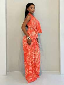 BamGleam Women's Summer Vacation All-Over Print Halter Neck Top And Wide Leg Pants 2 Pieces Set - Orange - View 3