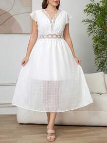 SHEIN Clasi 大码女式春夏连衣裙，白色针织提花弹力蕾丝拼接领口和腰部A字长袖连衣裙，优雅夏季连衣裙，适合度假、邮轮旅行、野餐等场合，Zanea女式连衣裙，夏季连衣裙，春季连衣裙，节日连衣裙，复活节连衣裙，优雅连衣裙，优雅派对连衣裙，沙滩连衣裙，婚礼宾客连衣裙，伴娘连衣裙，毕业礼服，母亲毕业礼服，休闲连衣裙，度假连衣裙，节日连衣裙，正式连衣裙，碎花连衣裙，大码女式连衣裙，紫色飘逸连衣裙，优雅女式连衣裙，Florurora春夏优雅连衣裙，印花长裙，泡泡袖连衣裙，最新款Zanzea女式连衣裙，大码Zanea女式连衣裙，婚礼宾客连衣裙，曲线身材生日连衣裙，大码女式连衣裙 - 白色 - 查看 8