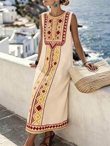 EMERY ROSE Plus-Size Women's Brown Summer Boho Vacation Holiday Dress,Fashionable Casual Minimalist Versatile Checked Round-Neck Sleeveless Maxi Dress Gym - Apricot - View 5