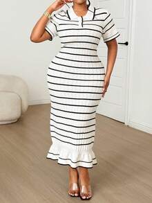 Dazy Plus Plus Size Women's Elegant Turndown Collar Colorblock Striped Knit Dress, Spring/Summer - White - View 6