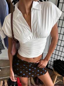 Aloruh Women's Spring/Summer Stand Collar V-Neck Solid White Fitted Short Sleeve Blouse Cinched Waist Top Ruched Top,Summer Top - White - View 8