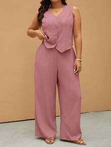 Elaquor Plus Size Women's Casual Vacation & Commute Solid V-Neck Sleeveless Vest And Wide Leg Pants 2-Piece Set, Spring/Summer - Redwood - View 5
