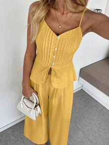 Breezaya Set de 2 piezas con camiseta de tirantes de color liso y pantalones de pierna ancha de lino - Amarillo - Ver 5