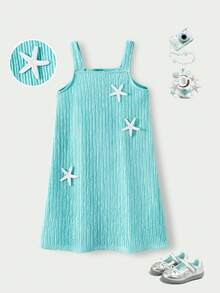 SHEIN Casuvi Kids Casuvi 女童休闲针织提花吊带连衣裙，宽松 A 字廓形，花卉装饰，适合春夏日常穿着。 - 薄荷藍 - 查看 3