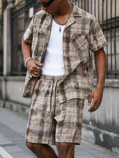 PAVTROS Men's Street Style Short Sleeve Set, Metal Decor, Distressed Graphic Short Sleeve, Fashion Casual Short Sleeve Set, Suitable For Friends, Boyfriends, Holidays, Parties