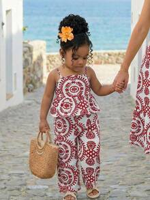 SHEIN Baby Girl Vacation Floral Print Ruffle Hem Camisole - Red - View 1