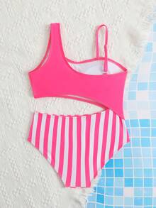 SHEIN Bộ đồ bơi một mảnh cổ lệch màu Colorblock cho bé gái, thiết kế khoét eo, trang phục đi biển màu tím - Màu Hồng Tươi - Xem 3