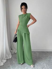 Rafferiza 2pcs/Set Women Solid Color Textured Pleated Round Neck Sleeveless Top - Mint Green - View 6