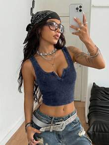 Coolane 95% Cotton Casual Sports Street Vintage Style Heather Grey Ribbed Knit Tank Top, Versatile & Street Style, Suitable For Spring/Summer - Dark Grey - View 6