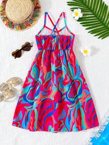 SHEIN Young Girl Full Print Strap Summer Dress, Suitable For Holiday - Blue - View 2
