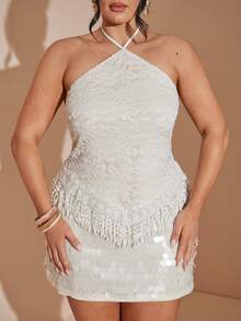 SHEIN BAE Große Größen Damen Weiße Fransen Trägertop, elegante sexy Bluse, Strandurlaub Top, Y2K, Musikfestival Top - Weiss - Übersicht 9