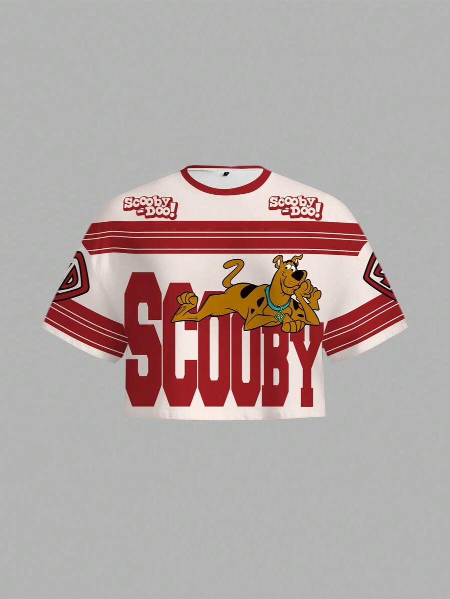 SCOOBY-DOO X SHEIN 大码字母卡通印花圆领短袖T恤 - 白色 - 查看 1