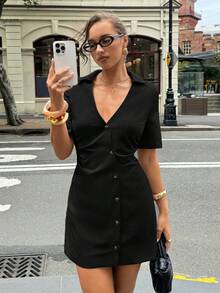 Siren Gaze Rochie cămașă asimetrică pentru femei, rochie elegantă de birou scurtă cu nasturi asimetrici în față și decor plisat, rochie cămașă cu nasturi în față - Negru - Vizualizare 8