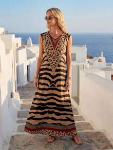 Vestido suelto de verano con cuello en V y estampado tropical de plantas para vacaciones en la playa - Multicolor 15 - Ver 6